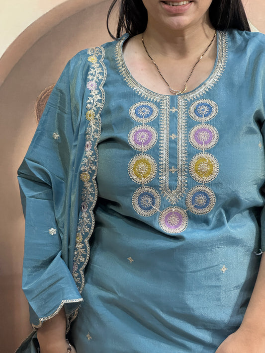 STRAIGHT KURTI PANT DUPATTA (SIMAR SILK (COTTON LINING) WITH WORK)