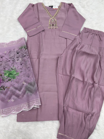 STRAIGHT KURTI AFGHANI PANT DUPATTA (ROMAN SILK WITH WORK)
