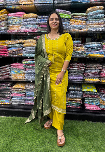 STRAIGHT KURTI PANT DUPATTA (VERTICAN SILK(COTTON LINING),WITH WORK)