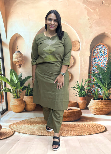 STRAIGHT KURTI WITH PLAZO (DABHU COTTON) (WITH WORK)