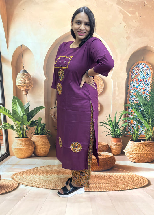 STRAIGHT KURTI WITH PLAZO (DABHU COTTON) (WITH WORK)