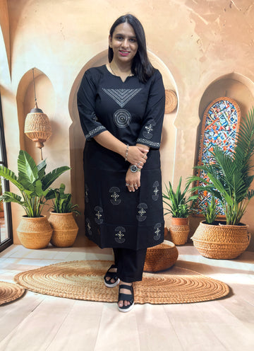 STRAIGHT KURTI WITH PLAZO (DABHU COTTON) (WITH WORK)