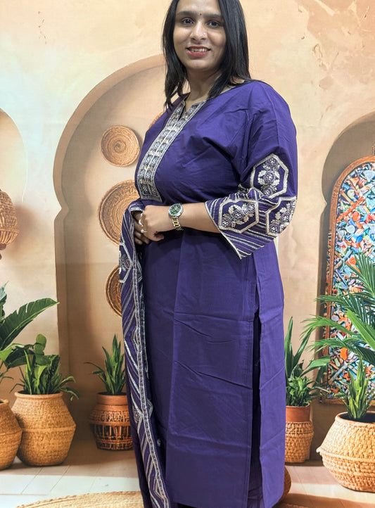 STRAIGHT KURTI PANT WITH DUPATTA ( PURE COTTON) (WITH WORK)