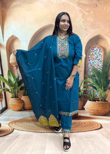 STRAIGHT KURTI PANT WITH DUPATTA ( PURE COTTON) (WITH WORK)