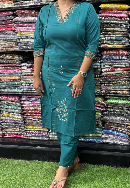 STRAIGHT KURTI WITH PENT (FLEX COTTON,EMBROIDERY)