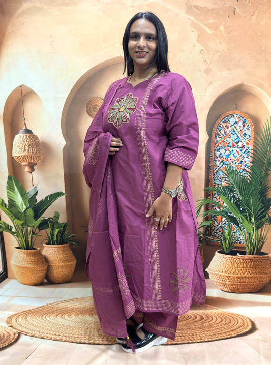 ALINE KURTI PLAZO WITH DUPATTA (PURE COTTON) (WITH WORK)