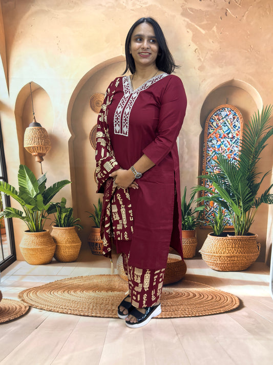 STRAIGHT KURTI PLAZO DUPATTA (DHABU COTTON) (WITH WORK)