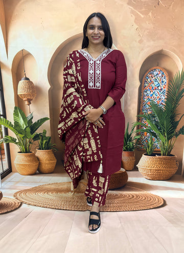 STRAIGHT KURTI PLAZO DUPATTA (DHABU COTTON) (WITH WORK)