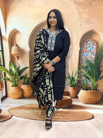 STRAIGHT KURTI PLAZO DUPATTA (DHABU COTTON) (WITH WORK)