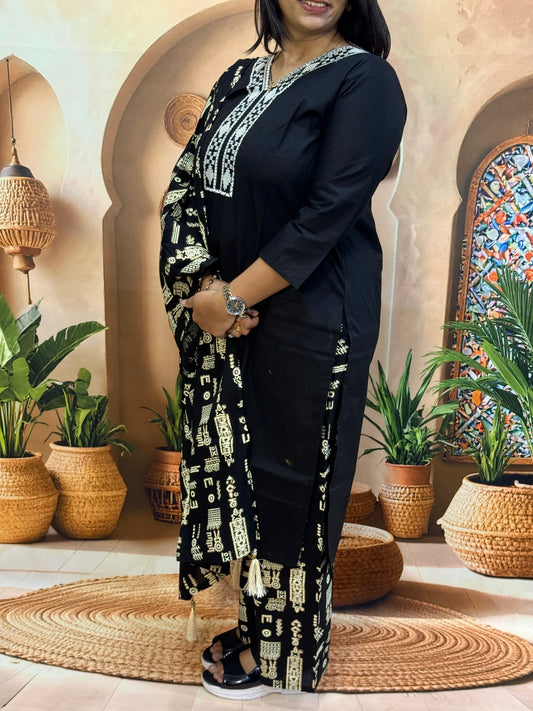 STRAIGHT KURTI PLAZO DUPATTA (DHABU COTTON) (WITH WORK)