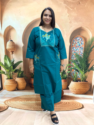 STRAIGHT KURTI PLAZO (DHABU COTTON) WITH WORK