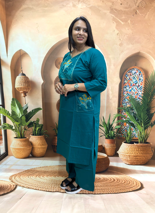 STRAIGHT KURTI PLAZO (DHABU COTTON) WITH WORK