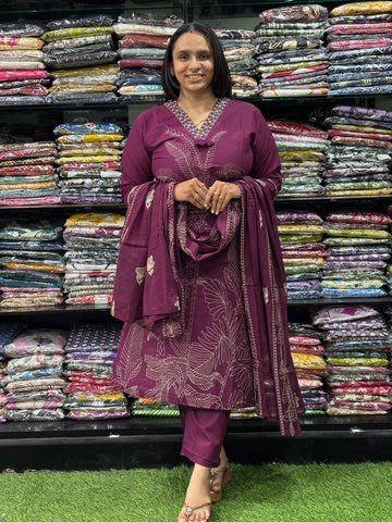 STRAIGHT KURTI PENT DUPATTA (PURE CAMRIC COTTON ,WITH WORK)