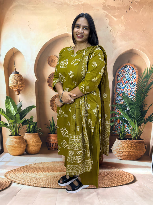 STRAIGHT KURTI PLAZO DUPATTA (DHABU COTTON) (WITH WORK)