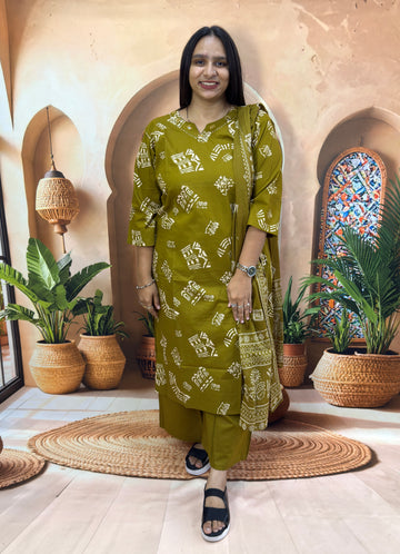 STRAIGHT KURTI PLAZO DUPATTA (DHABU COTTON) (WITH WORK)