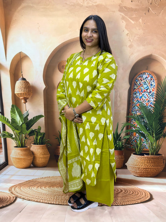 STRAIGHT KURTI PLAZO DUPATTA (DHABU COTTON) (WITH WORK)