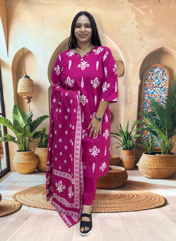 STRAIGHT KURTI PLAZO DUPATTA (DHABU COTTON) (WITH WORK)