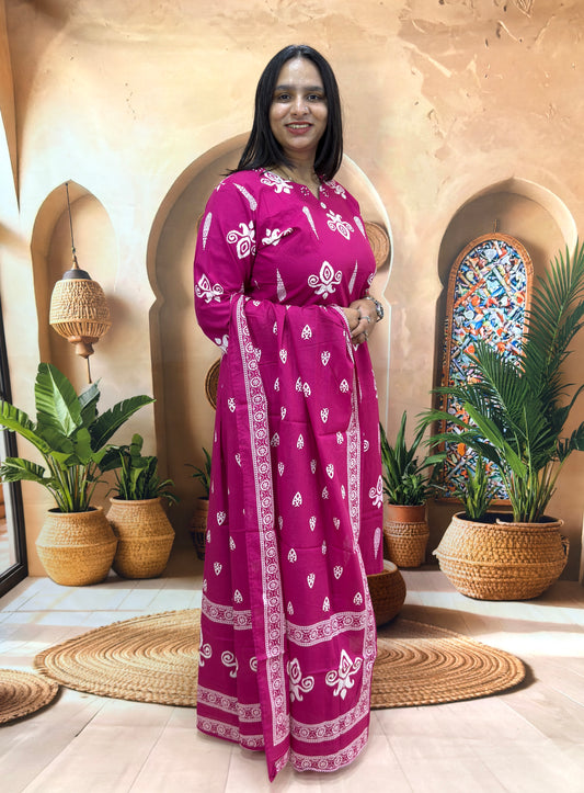 STRAIGHT KURTI PLAZO DUPATTA (DHABU COTTON) (WITH WORK)