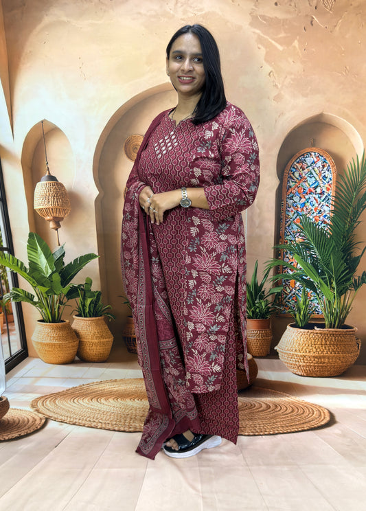 STRAIGHT KURTI PLAZO DUPATTA (CAMRIC COTTON) (WITH WORK)