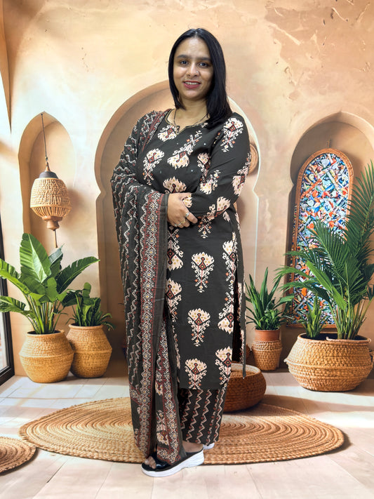 STRAIGHT KURTI PLAZO DUPATTA (PURE CAMRIC COTTON) (WITH WORK)
