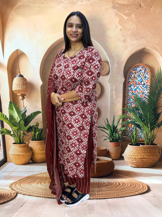STRAIGHT KURTI PLAZO DUPATTA (PURE CAMRIC COTTON) (WITH WORK)