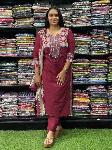 STRAIGHT KURTI PENT DUPATTA (PURE CAMRIC COTTON ,WITH WORK)