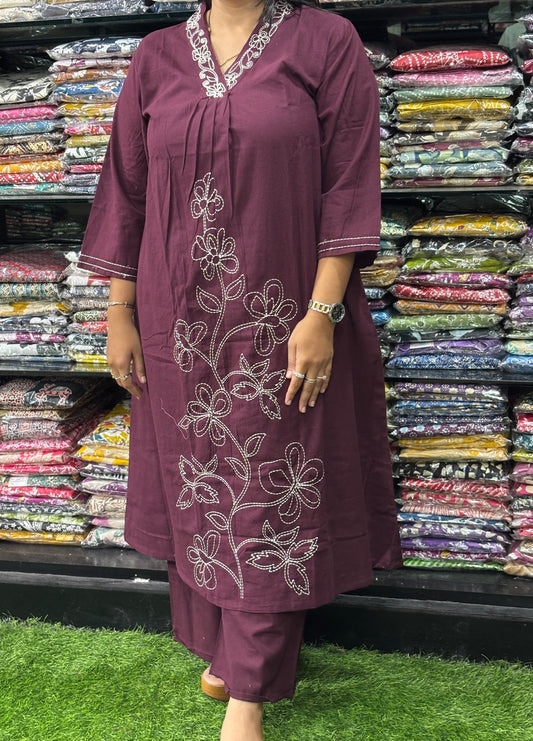 ALINE KURTI WITH PLAZO (KHADI COTTON,WITH WORK)