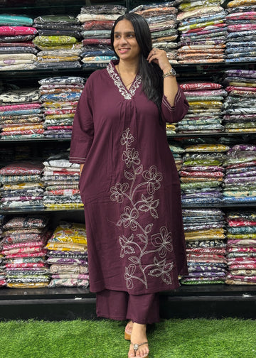 ALINE KURTI WITH PLAZO (KHADI COTTON,WITH WORK)