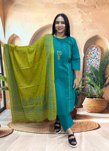 ALINE KURTI PLAZO DUPATTA (DHABU COTTON , WITH WORK)