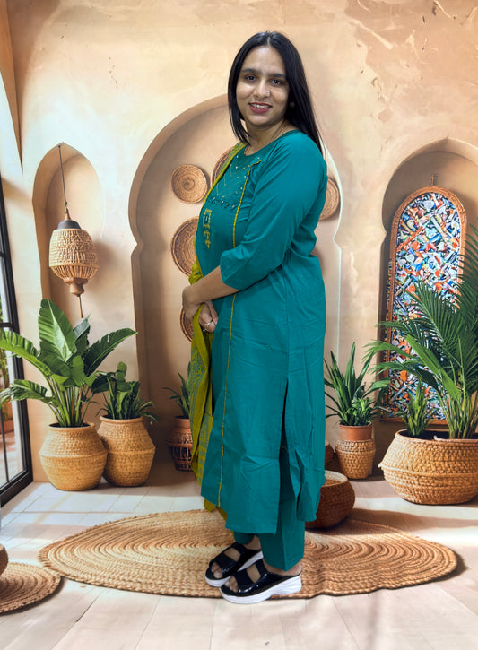 ALINE KURTI PLAZO DUPATTA (DHABU COTTON , WITH WORK)