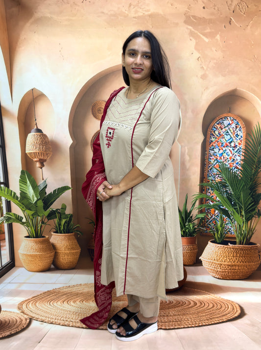 ALINE KURTI PLAZO DUPATTA (DHABU COTTON , WITH WORK)