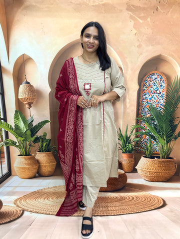 ALINE KURTI PLAZO DUPATTA (DHABU COTTON , WITH WORK)