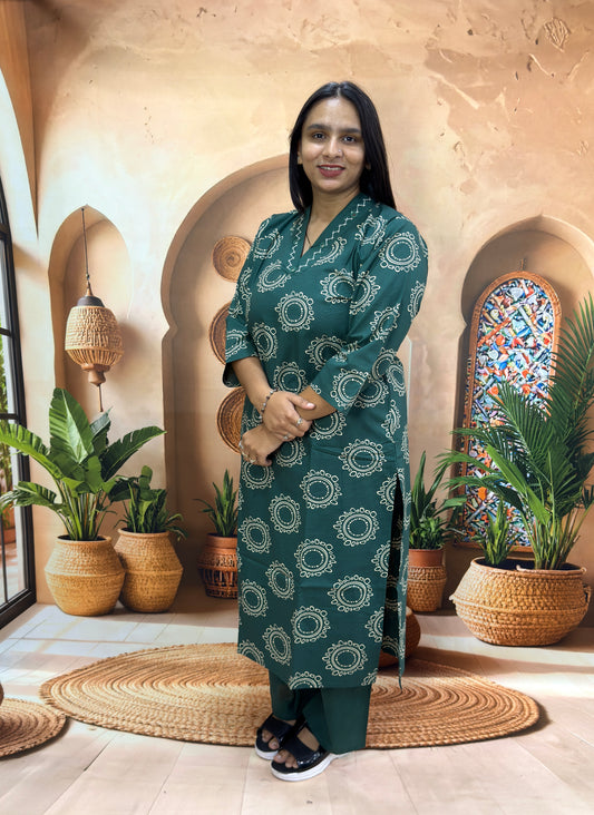 STRAIGHT KURTI PLAZO (DHABU COTTON , WITH WORK)