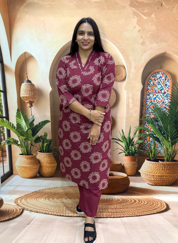 STRAIGHT KURTI PLAZO (DHABU COTTON , WITH WORK)