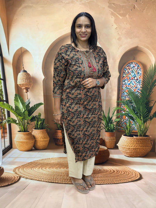 STRAIGHT KURTI (PURE CAMRIC COTTON,WITH WORK)