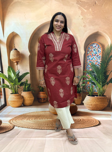 STRAIGHT KURTI (PURE CAMRIC COTTON,WITH WORK)