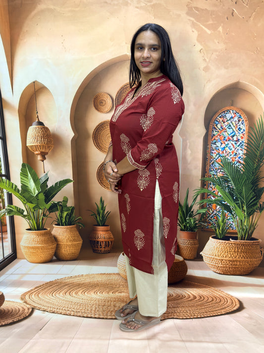 STRAIGHT KURTI (PURE CAMRIC COTTON,WITH WORK)