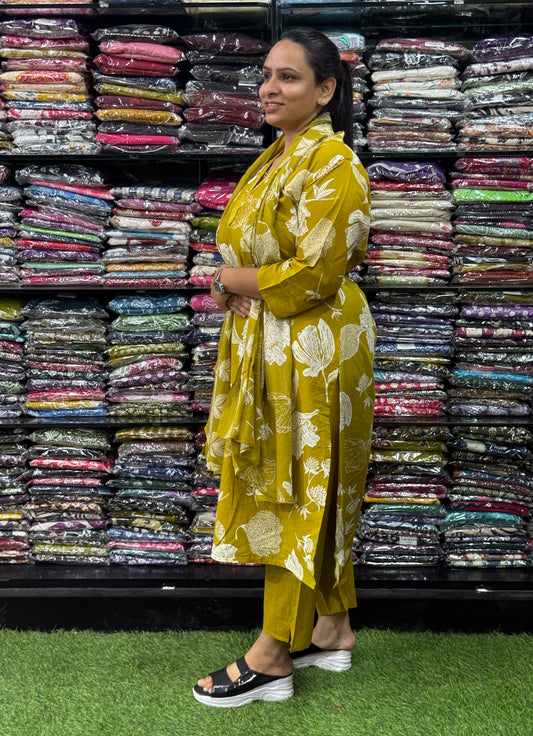 STRAIGHT KURTI PANT DUPATTA (PURE CAMRIC COTTON,WITH WORK)