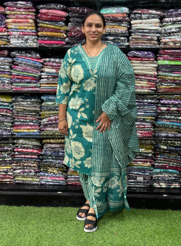 STRAIGHT KURTI PANT DUPATTA (PURE CAMRIC COTTON,WITH WORK)