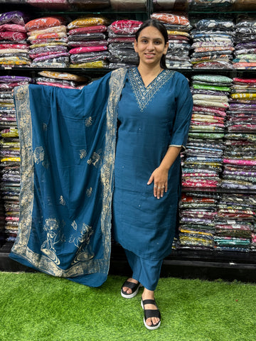STRAIGHT KURTI PANT DUPATTA (ROMAN SILK(COTTON LINING),WITH WORK)