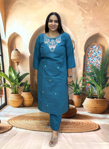 ALINE KURTI WITH PLAZO (DHABU COTTON WITH WORK)