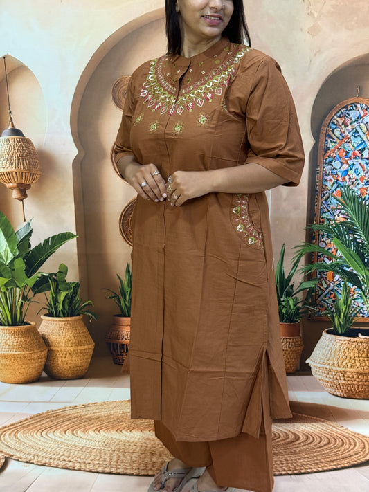 ALINE KURTI WITH PLAZO (DHABU COTTON,WITH WORK)