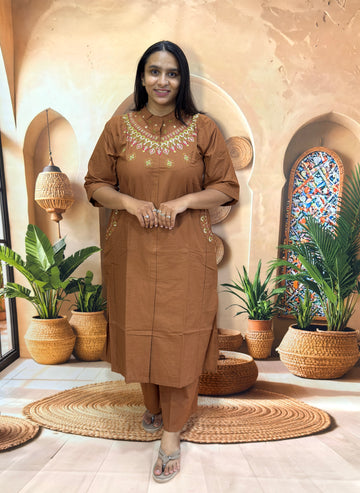 ALINE KURTI WITH PLAZO (DHABU COTTON,WITH WORK)