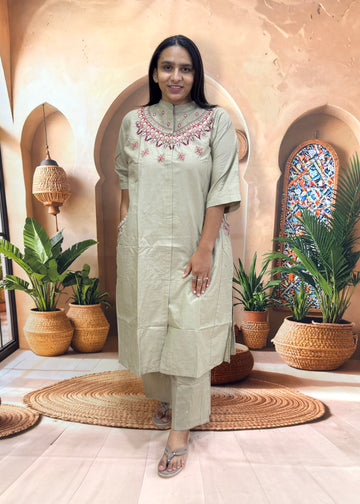ALINE KURTI WITH PLAZO (DHABU COTTON,WITH WORK)