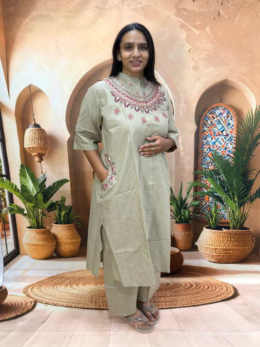 ALINE KURTI WITH PLAZO (DHABU COTTON,WITH WORK)