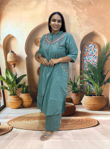ALINE KURTI WITH PLAZO (DHABU COTTON,WITH WORK)