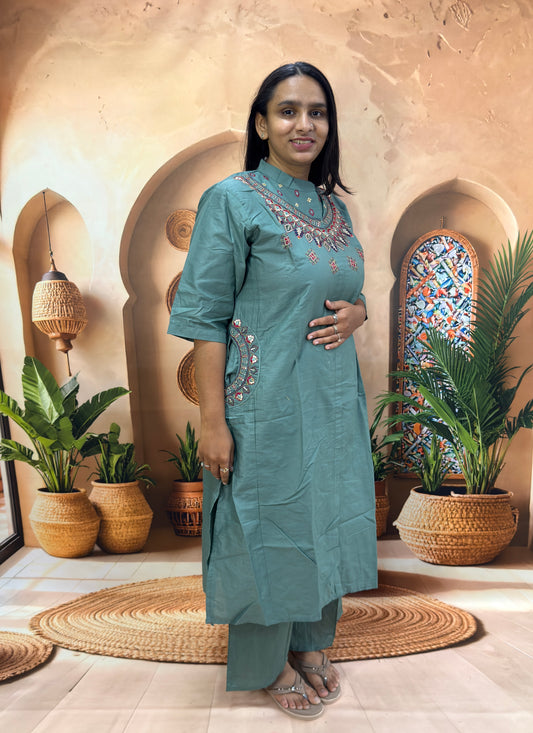 ALINE KURTI WITH PLAZO (DHABU COTTON,WITH WORK)