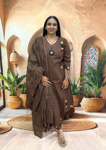 ALINE KURTI PLAZO DUPATTA (DHABU COTTON WITH WORK)