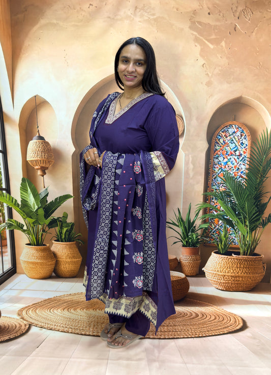 ALINE KURTI PLAZO WITH DUPATTA (DHABU COTTON WITH WORK)