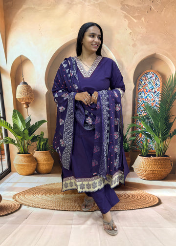ALINE KURTI PLAZO WITH DUPATTA (DHABU COTTON WITH WORK)